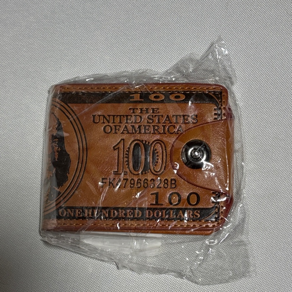 Brown Leather Wallet with Dollar Bill Design
